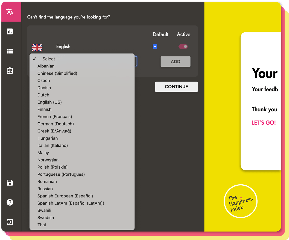 A dropdown menu showing a survey's available languages