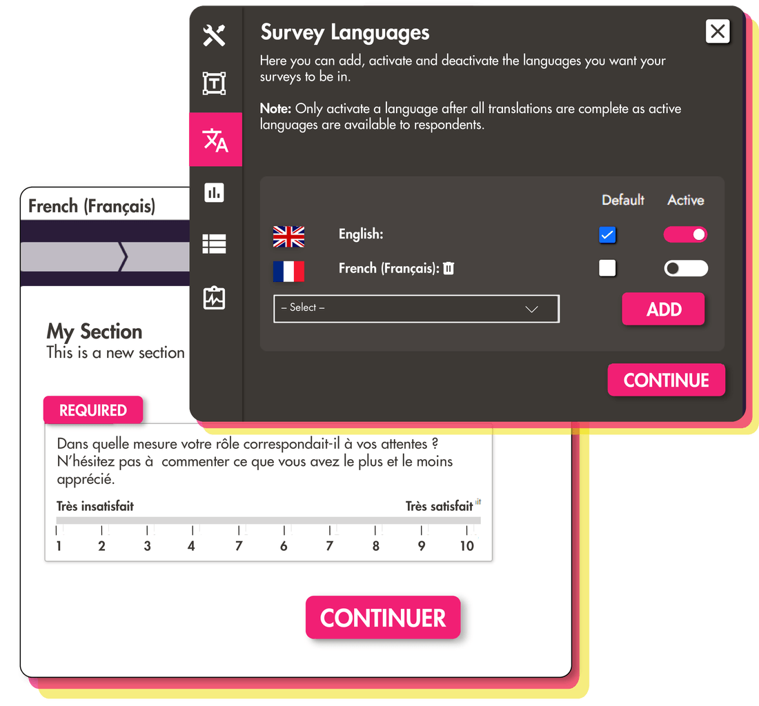 Platform screenshot showing available survey languages
