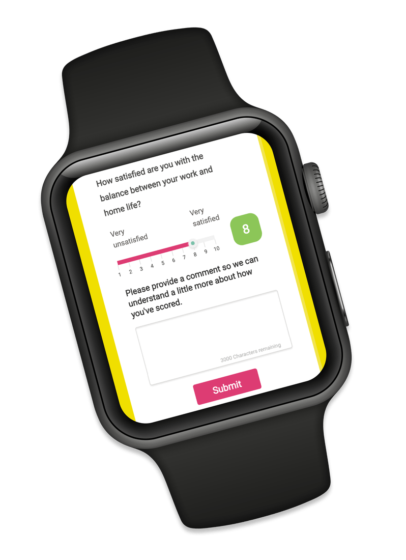 Survey question featured on smartwatch highlighting ease of use for employees