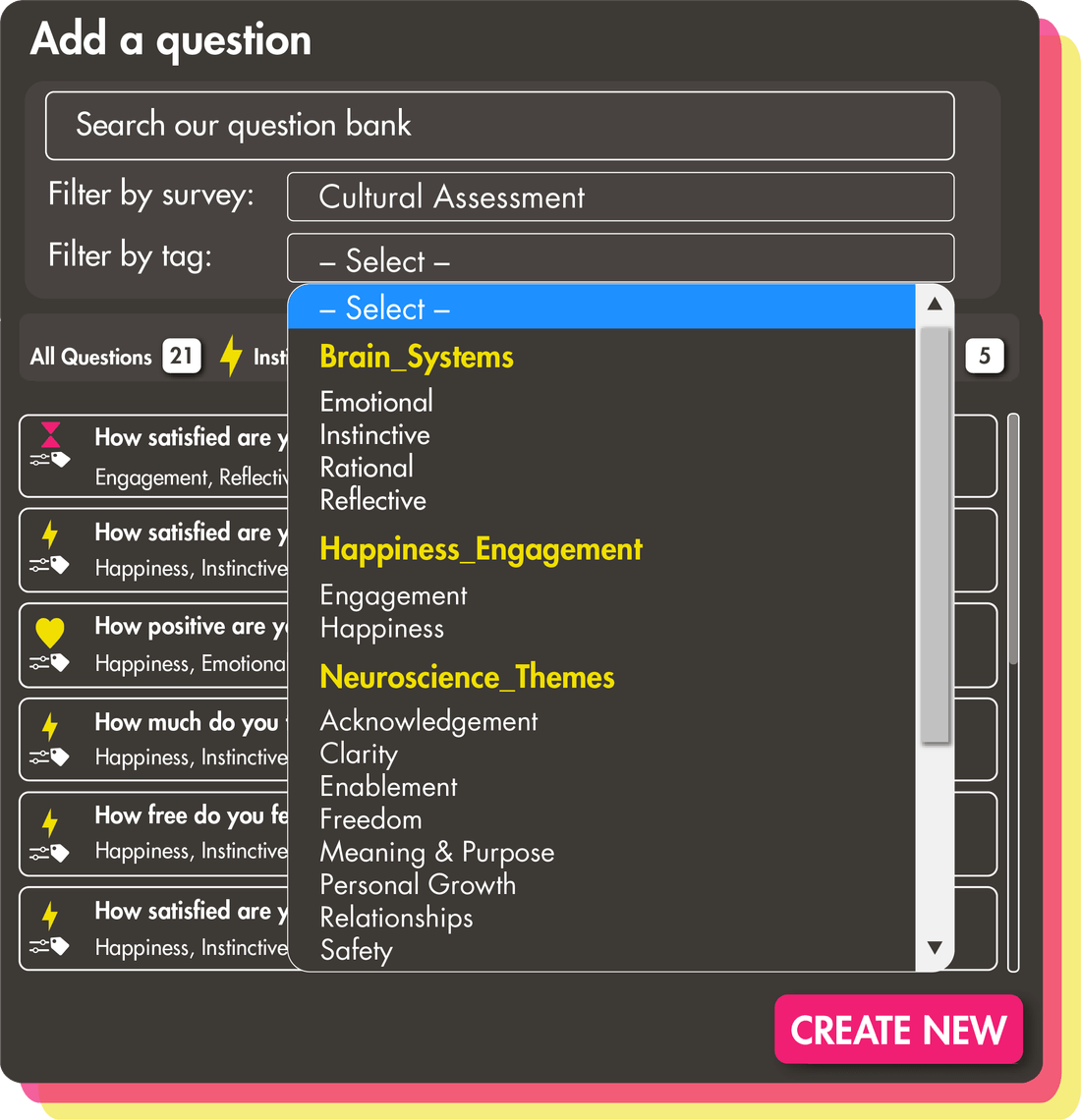 Platform screenshot showcasing the build your own surveys question groupings