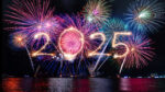 Sparkler 2025 text colorful firework illumination on dark blue sky background, happy new year 2025 concept