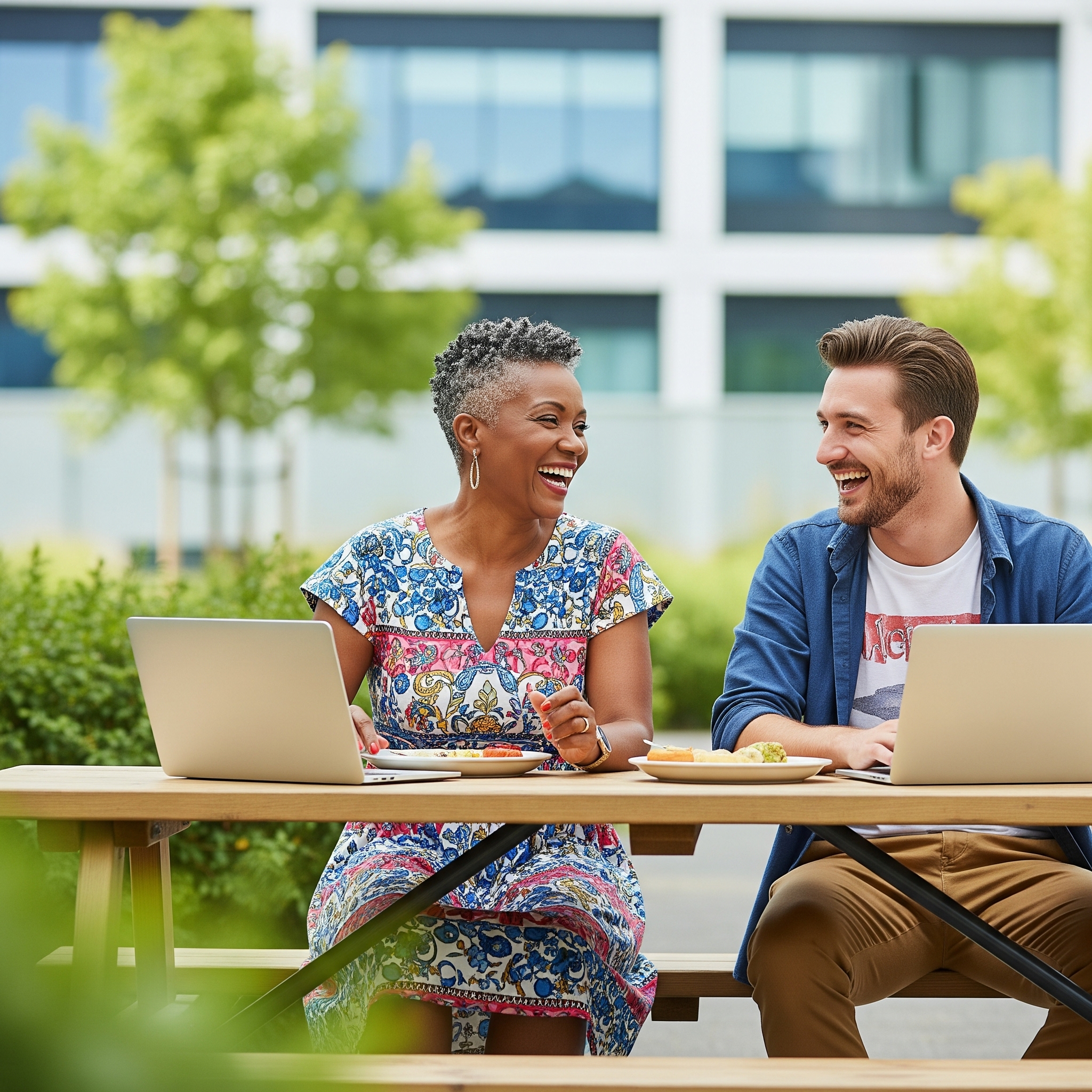 Two diverse colleagues, a Black woman in her 50s and a younger Caucasian man, laughing while working on laptops and eating lunch outdoors, symbolising positive employee experience and company culture.
