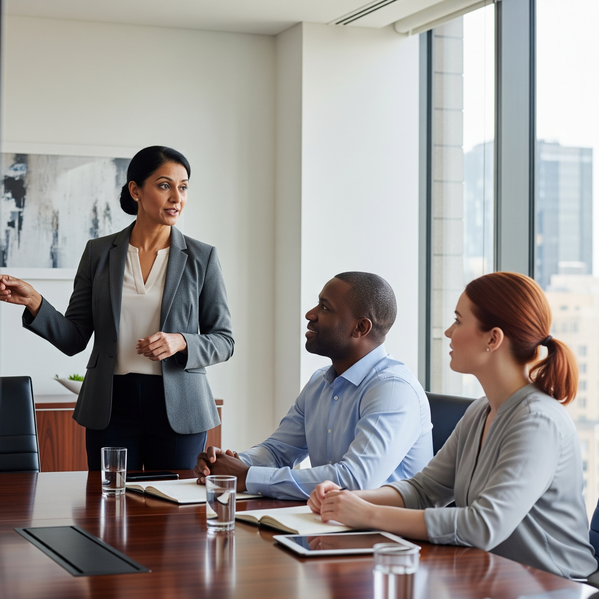 Diverse professionals in a modern boardroom, collaborating and discussing data, which visually represents a strategic approach to improving employee engagement and retention.