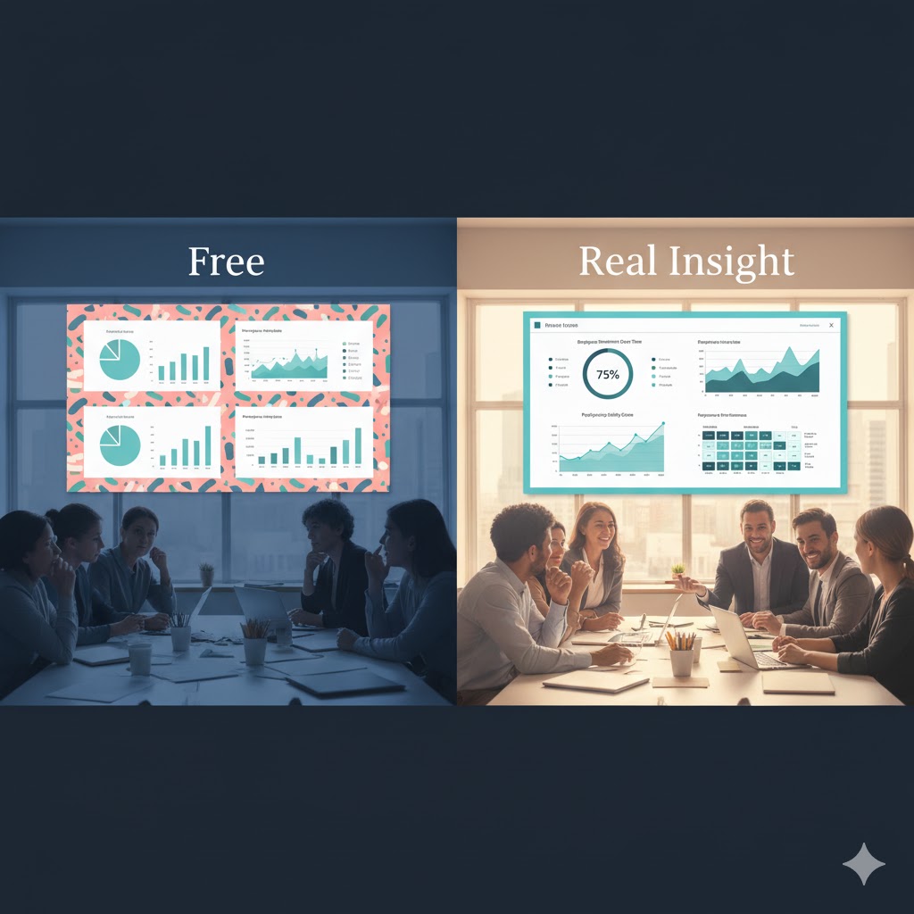 On the left side, labeled “Free”, the scene is dimly lit with cool, flat lighting and muted tones. The dashboard appears cluttered, overly colourful, and simplistic, filled with basic charts, pie graphs, and visual noise. The workspace looks slightly disorganised, with less focus and energy among the people. On the right side, labeled “Real Insight”, the office is brightly lit with warm natural light, evoking clarity and optimism. The HR survey dashboard is sleek, elegant, and data-rich, showing meaningful analytics like employee sentiment over time, psychological safety scores, and correlations between happiness and performance. The team appears engaged and confident, collaborating with purpose. Use a cinematic, modern HR tech aesthetic with realistic lighting contrast, clean composition, and minimal branding. Editorial photography style with a premium, professional tone. --ar 16:9 --v 6 --style professional --lighting natural and cinematic --color grading warm on right, cool on left --focus on visual storytelling of insight and data depth