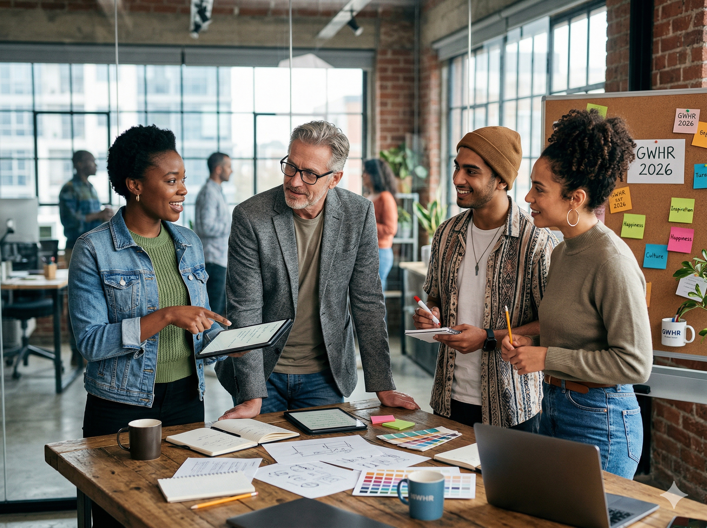 A diverse, smart-casual team of professionals collaborating around a table in a modern office, reviewing data for the Global Workplace Happiness Report 2026.