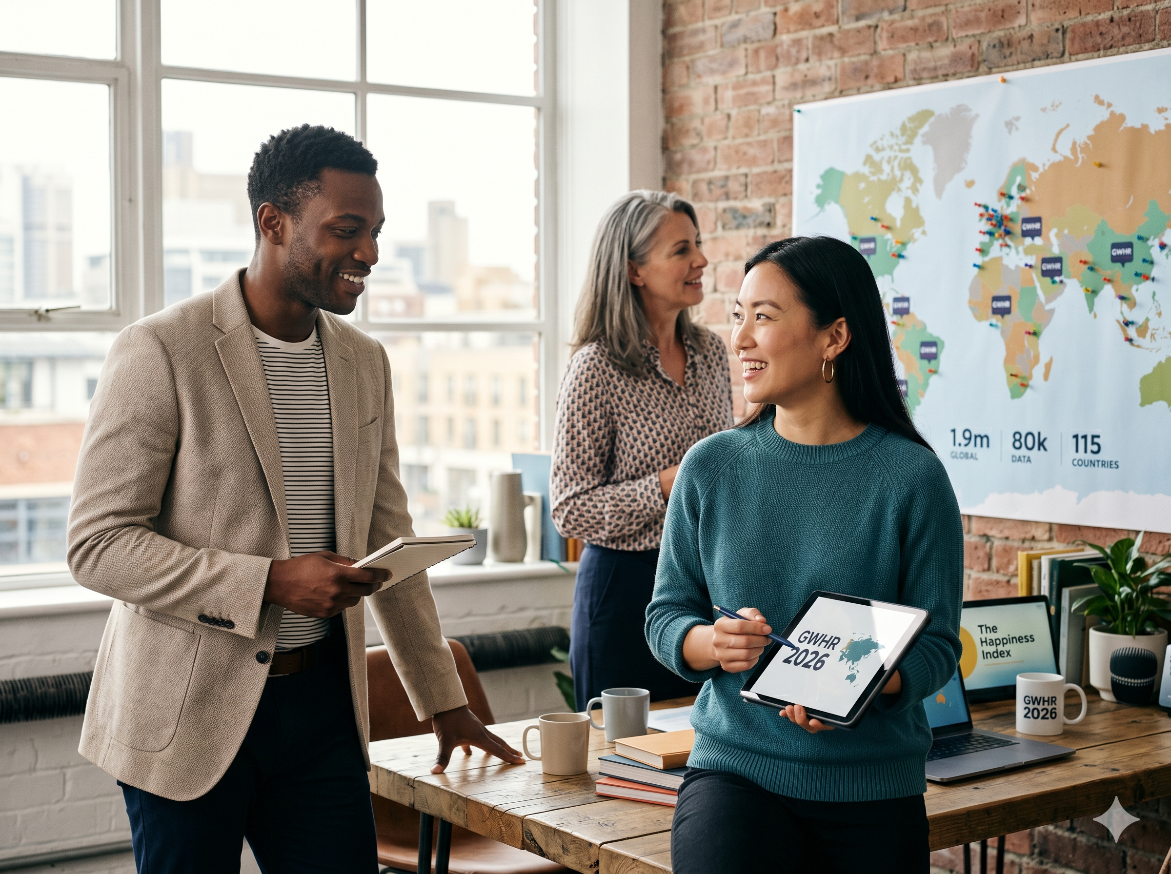 A diverse group of professionals working in a bright, modern hybrid office space, illustrating the impact of location on workplace happiness and showing a visible world map in the background with small GWHR markers on it to show the 115 COUNTRIES.