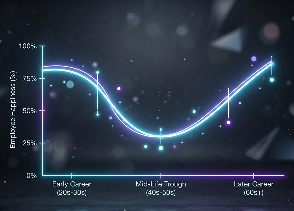 3D data visualisation from The Happiness Index’s Global Workplace Happiness Report. The glowing neon line graph shows the 