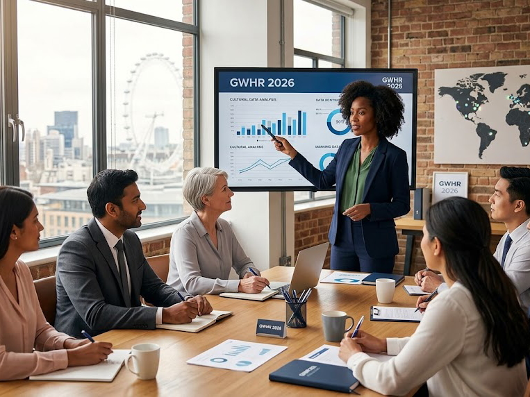 A female executive leading a collaborative, diverse team meeting in a modern office, representing the gender gap findings from the Global Workplace Happiness Report 2026.