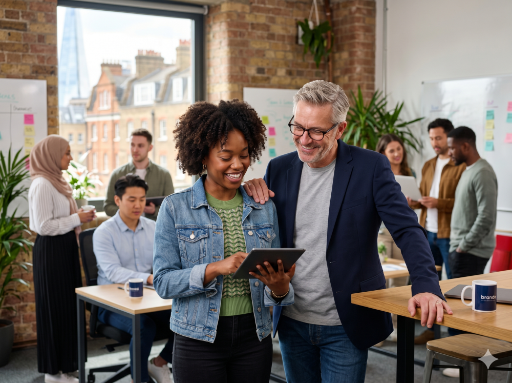 A senior professional in a navy blazer mentoring a young employee in a vibrant, smart-casual London office setting, illustrating why hybrid work benefits career growth for the 19 to 29 age cohort, with a diverse team in the background.