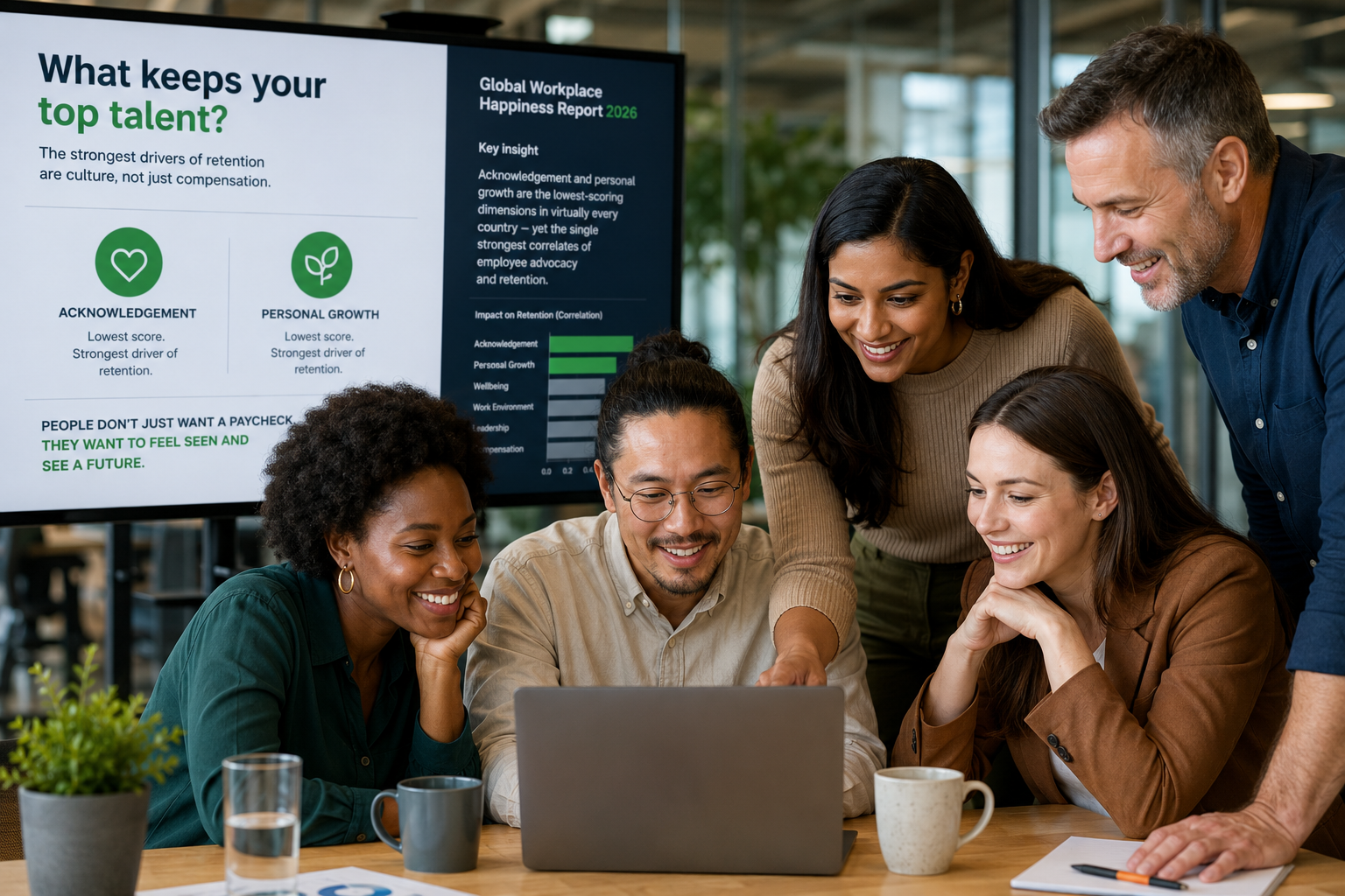 A diverse group of professionals gathered around a laptop in a modern office, reviewing workplace culture insights on a screen about acknowledgement, personal growth, and employee retention.