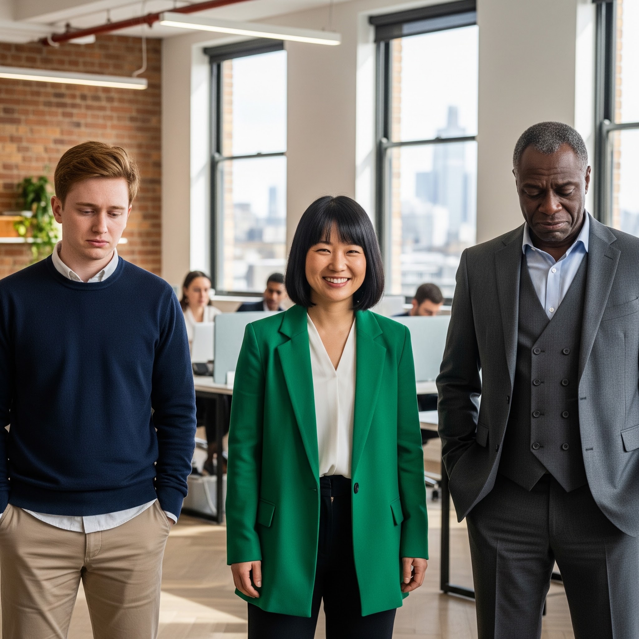 Three office professionals representing different corporate tiers standing side-by-side in a modern London office; a downcast junior employee on the left, a smiling, highly engaged female middle manager in the center, and a stressed senior executive on the right, visualizing the organizational happiness peak from the Global Workplace Happiness Report 2026.