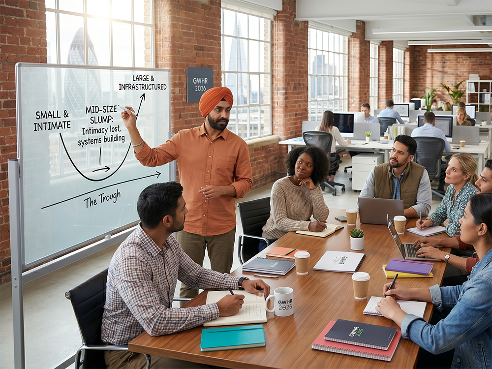 An Indian man in a turban and orange shirt presenting a J-curve graph about company size and employee happiness to a diverse, casually dressed corporate team, representing the mid-size company scaling findings from the Global Workplace Happiness Report 2026.