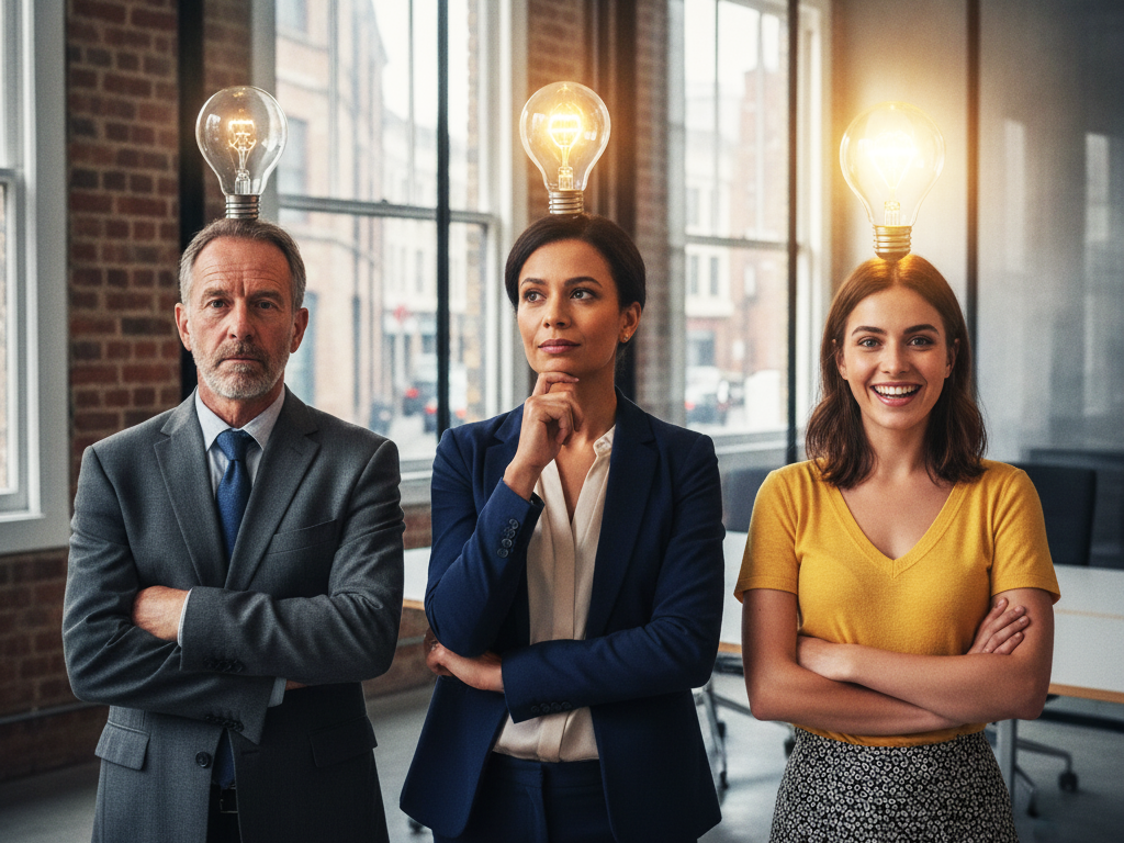 Three corporate professionals standing in a line with lightbulbs floating over their heads; a senior male employee on the left with a dim lightbulb and uninspired expression, a mid-career female professional in the center with a moderately bright lightbulb in a thinking pose, and a young female employee on the right with a brilliantly glowing lightbulb and a big smile.