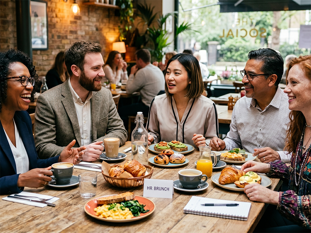 A diverse group of five HR professionals laughing and networking over a candid brunch featuring coffees, croissants, and hot breakfast plates at a stylish cafe.
