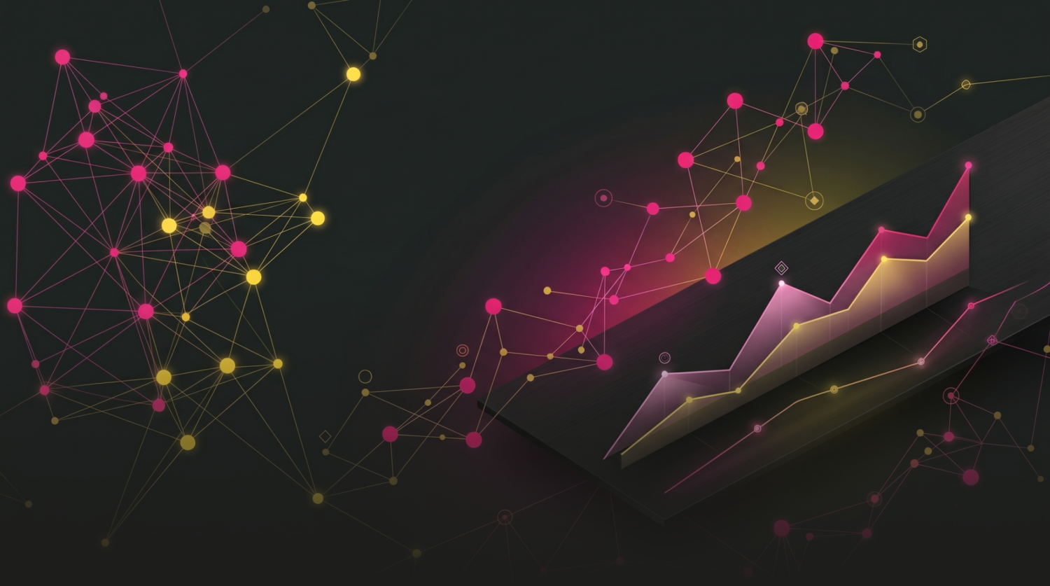 A dark, modern data visualization graphic showing glowing pink and yellow line graphs, network nodes, and predictive business performance charts by The Happiness Index.
