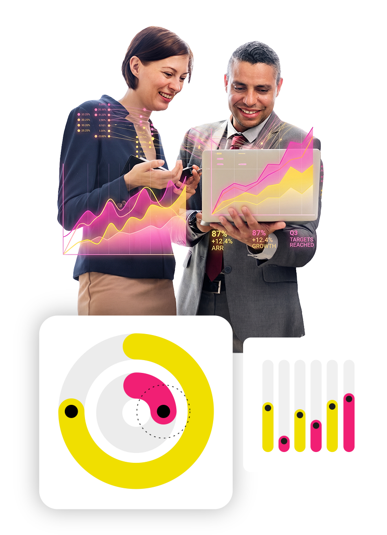 A diverse business team, a woman in a blue blazer and a man in a grey suit, smiling as they examine interactive, glowing pink and yellow line graphs and charts of growth metrics and percentages on a laptop screen and notebook.