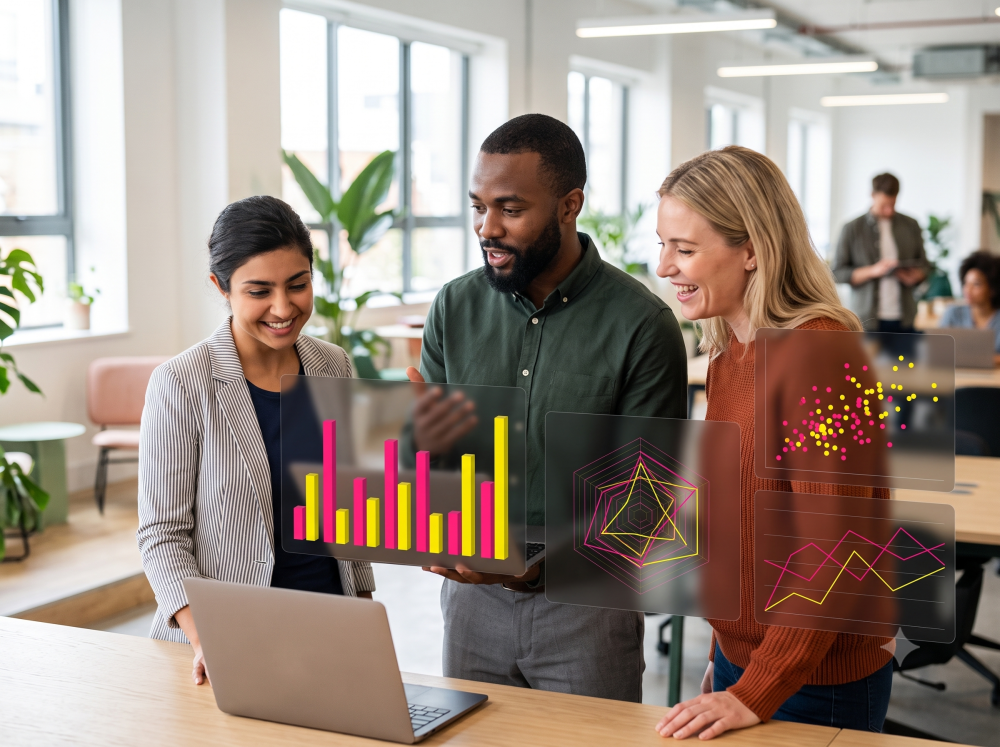 A diverse group of three corporate professionals in their mid-30s standing together in a bright, modern open-plan office in London, smiling and looking down at a laptop while abstract, text-free data visualization panels in hot pink and bright yellow float in the foreground.