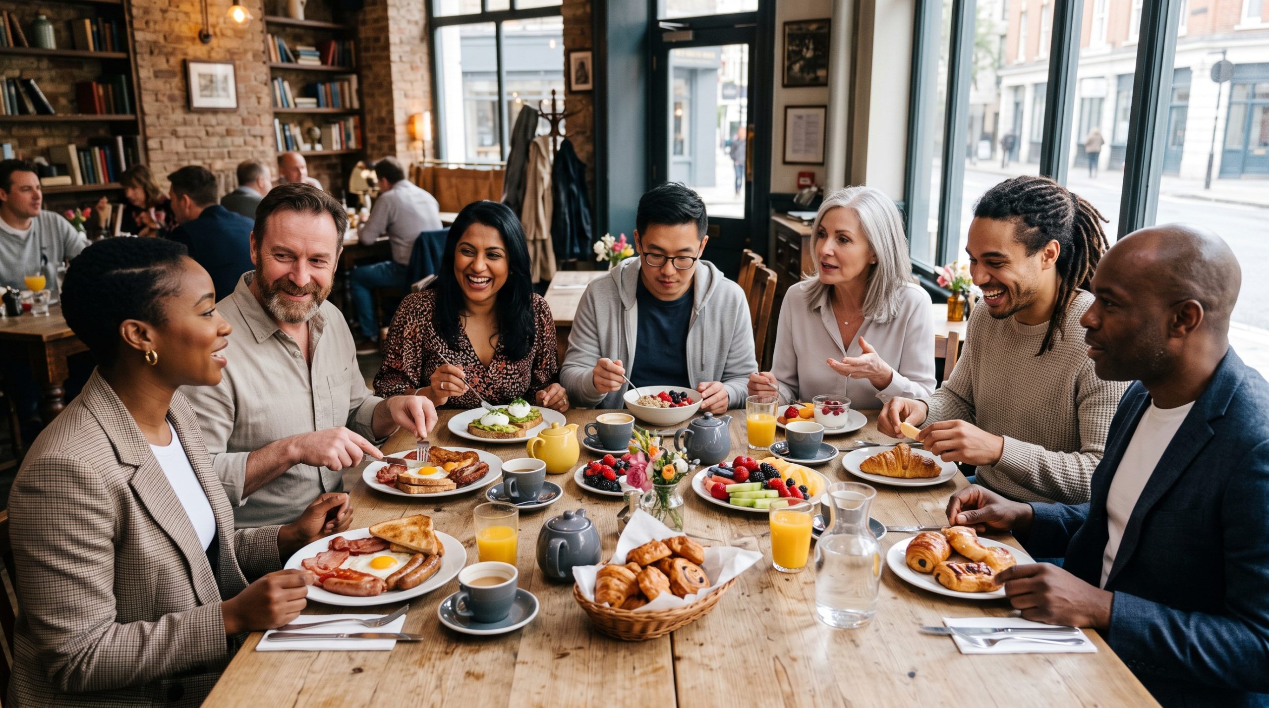 Diverse group of colleagues laughing and talking over a brunch spread of pastries, eggs, and coffee at a wooden table in a sunlit cafe