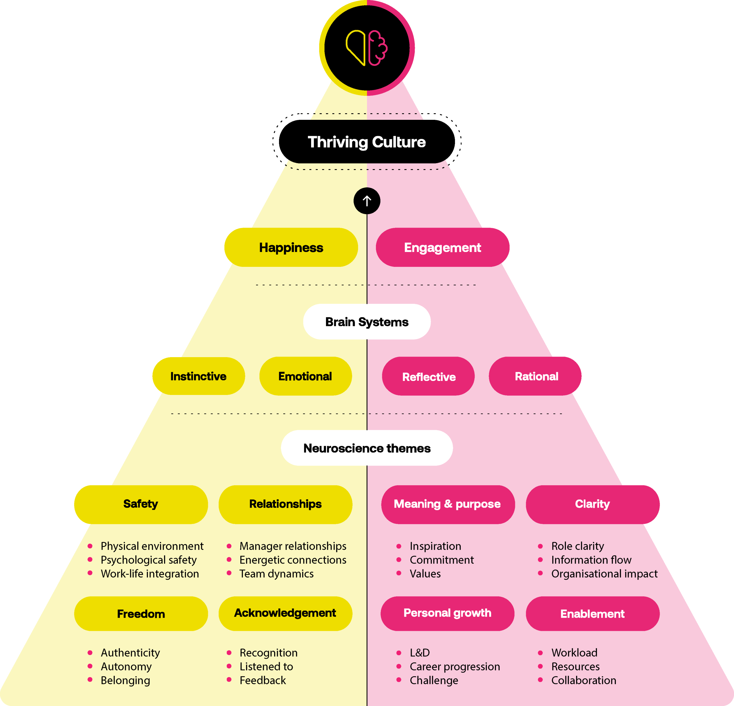 Diagram of The Happiness Index neuroscience methodology pyramid showing how Happiness (Heart) and Engagement (Head) combine across four brain systems and eight neuroscience themes to create a thriving workplace culture.