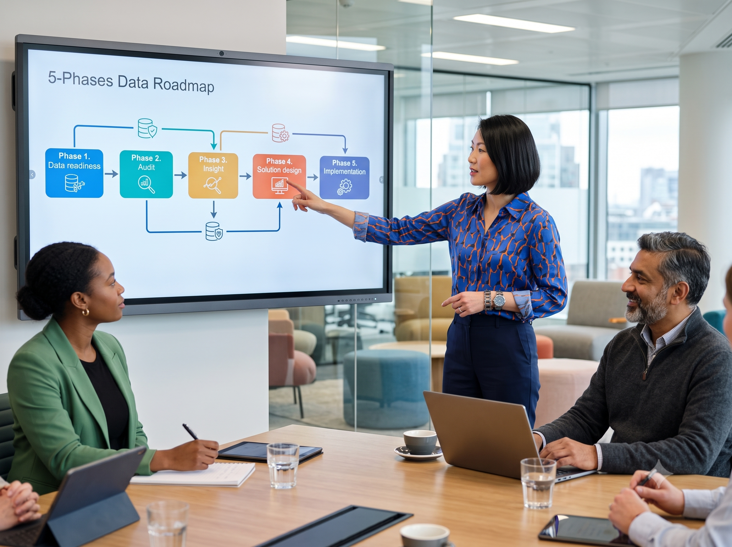 A diverse C-suite strategy meeting in a modern London office. A female Asian senior executive in her late 30s points at Phase 4 on a 5-phase data roadmap flowchart on a wall-mounted screen. A Black female professional takes notes and a South Asian male colleague watches attentively.
