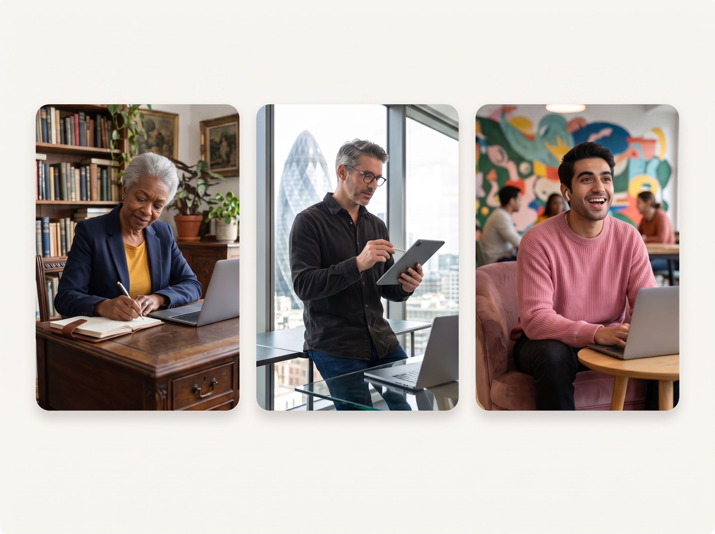 Three business leaders evaluating top employee engagement platforms for 2026 on laptops and tablets