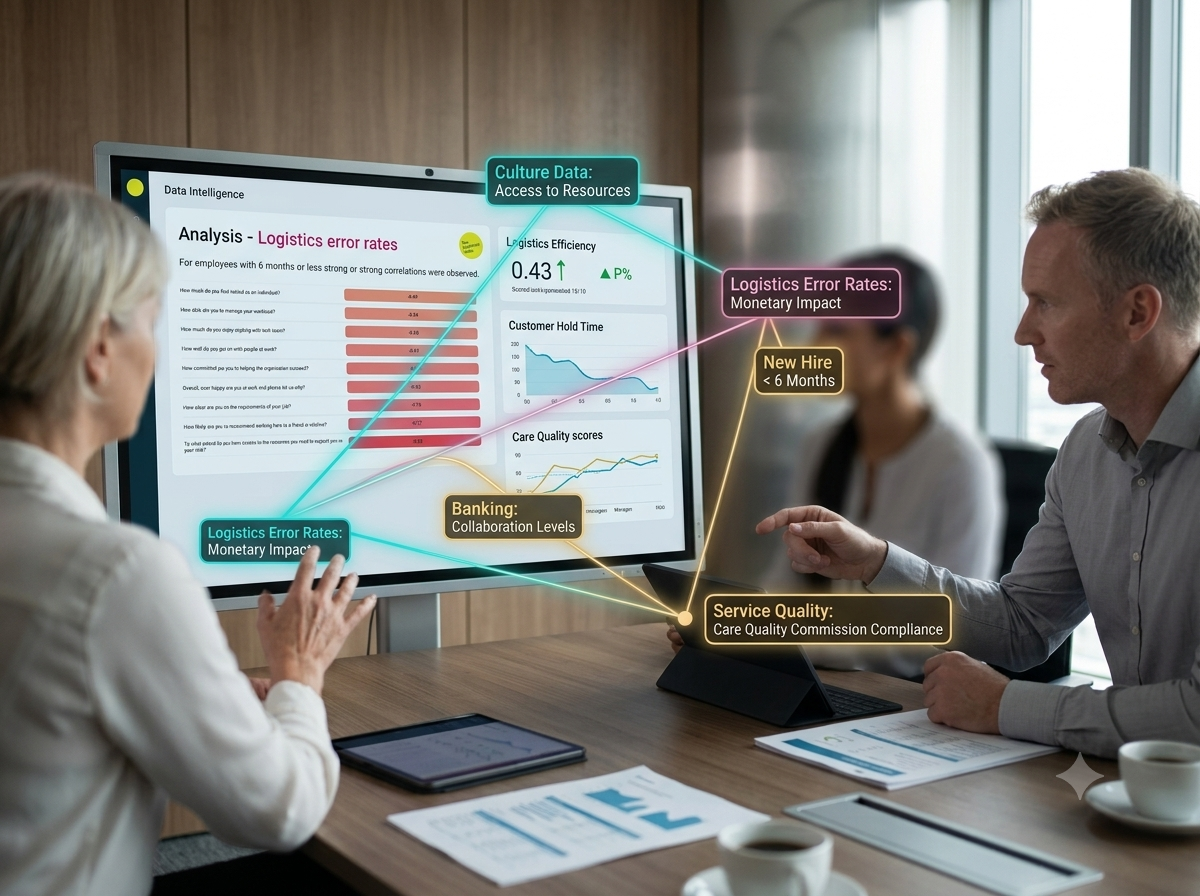 A photorealistic corporate boardroom setting where senior executives look at a modern screen displaying a data intelligence dashboard.
