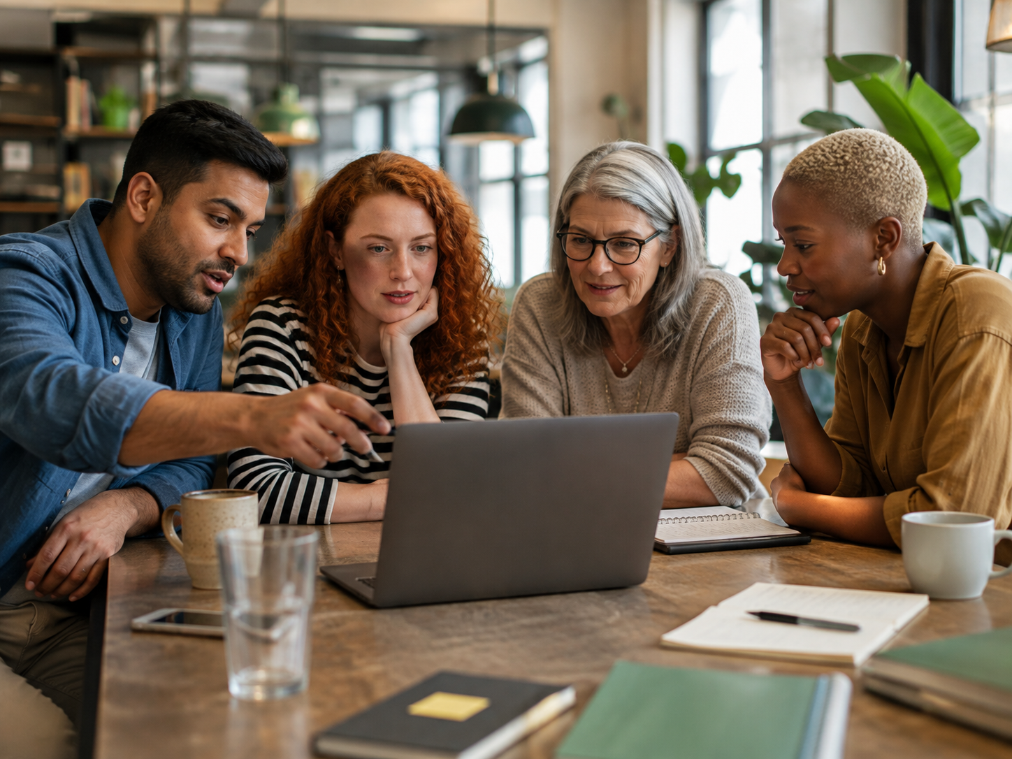 Four HR professionals of different ages and backgrounds gather around a laptop to compare employee engagement software in a modern office.