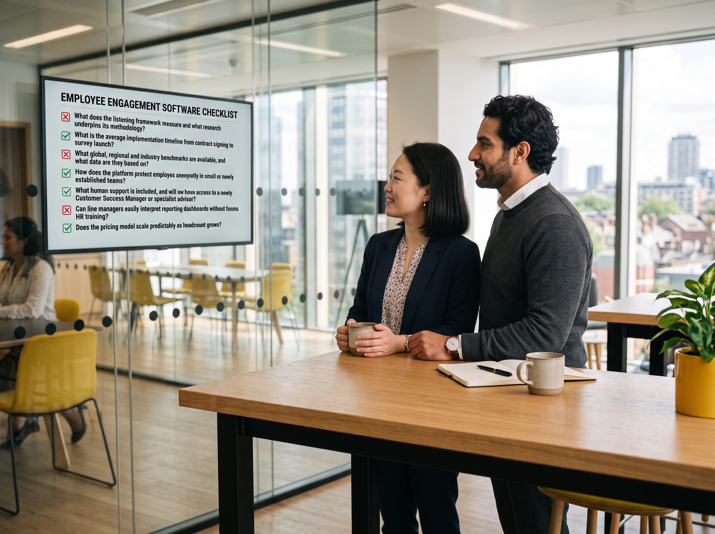 Two colleagues in a modern, glass-walled office reviewing an employee engagement software buyer's checklist displayed on a screen.