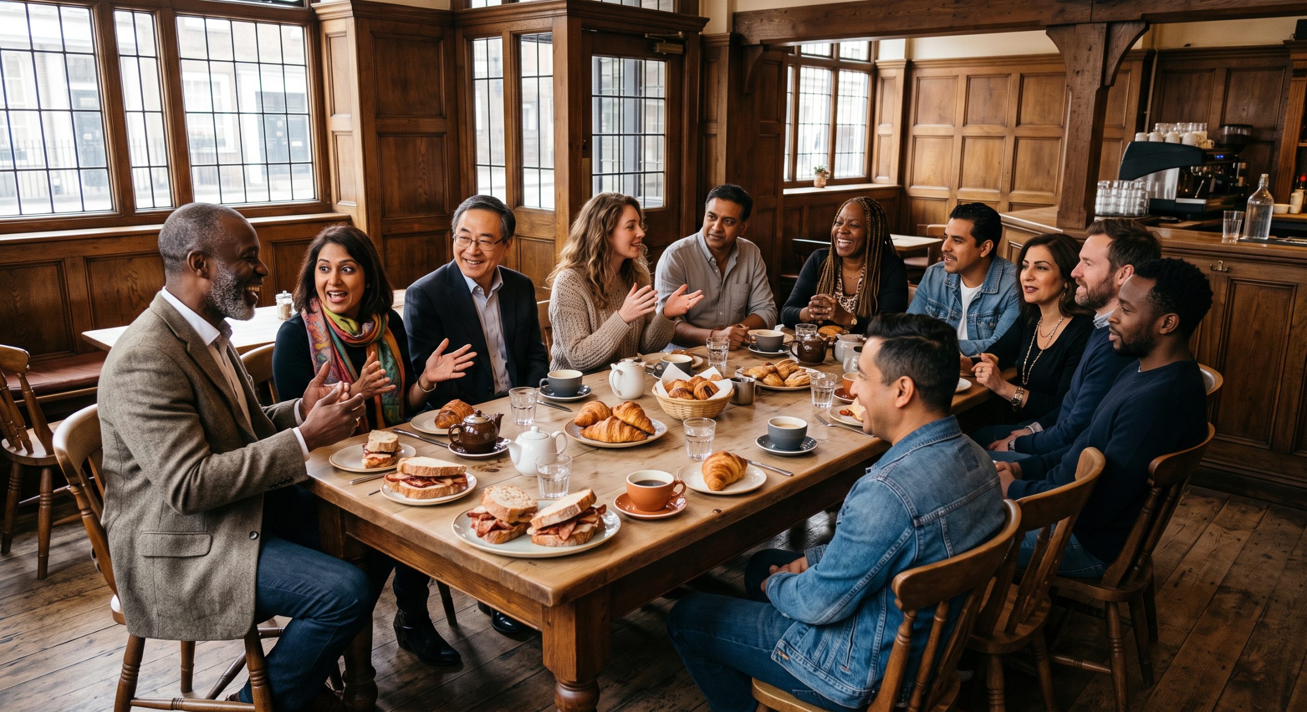 A diverse group of ten business professionals is seated around a rustic wooden table in a wood-paneled room, deeply engaged in animated conversation during a leadership brunch. They are gesturing and laughing, with plates of bacon sandwiches, pastries, coffee, and tea visible on the table.