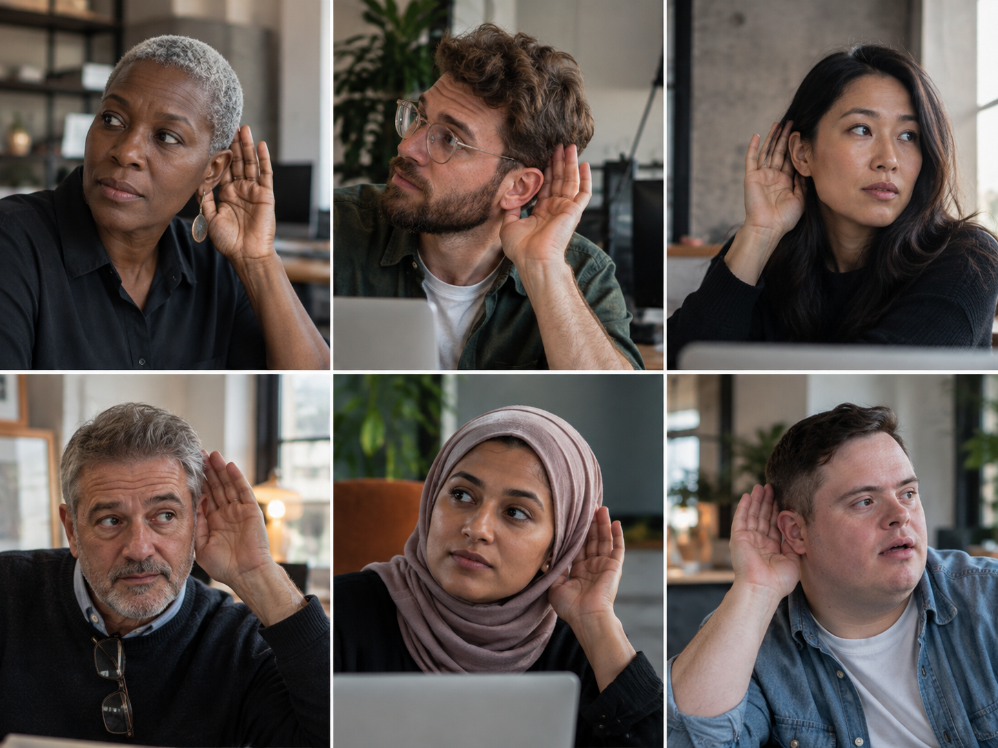 Six diverse employees in different workplace settings cupping their hands to their ears, representing employee listening and feedback.
