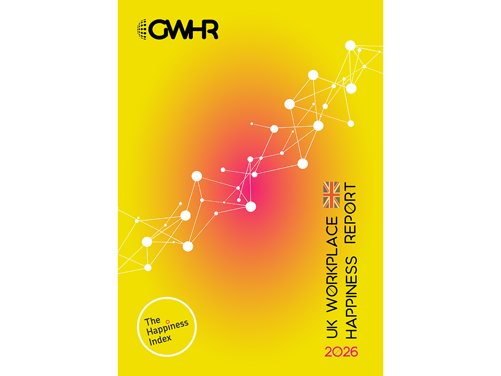 Cover of The Happiness Index's UK Workplace Happiness Report 2026, featuring a yellow background and connected data points.