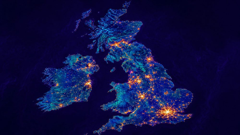 Glowing map of the UK illustrating workplace happiness research in 2026